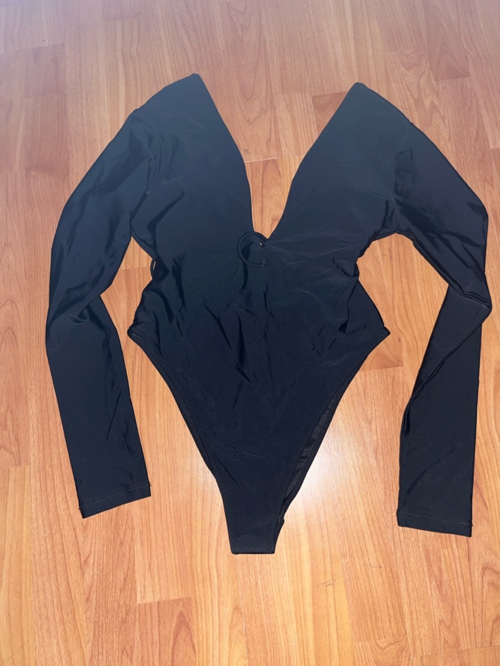 Black Long Sleeve Deep V Swim Suit